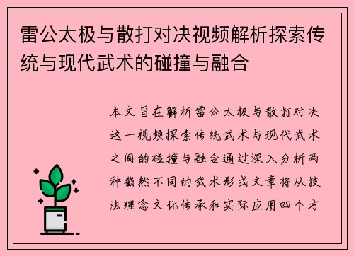 雷公太极与散打对决视频解析探索传统与现代武术的碰撞与融合